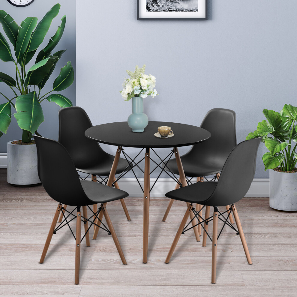 (Black Table + 4 Black Chairs) 80cm Round Side Coffee Table & 4 Chairs Beech Legs