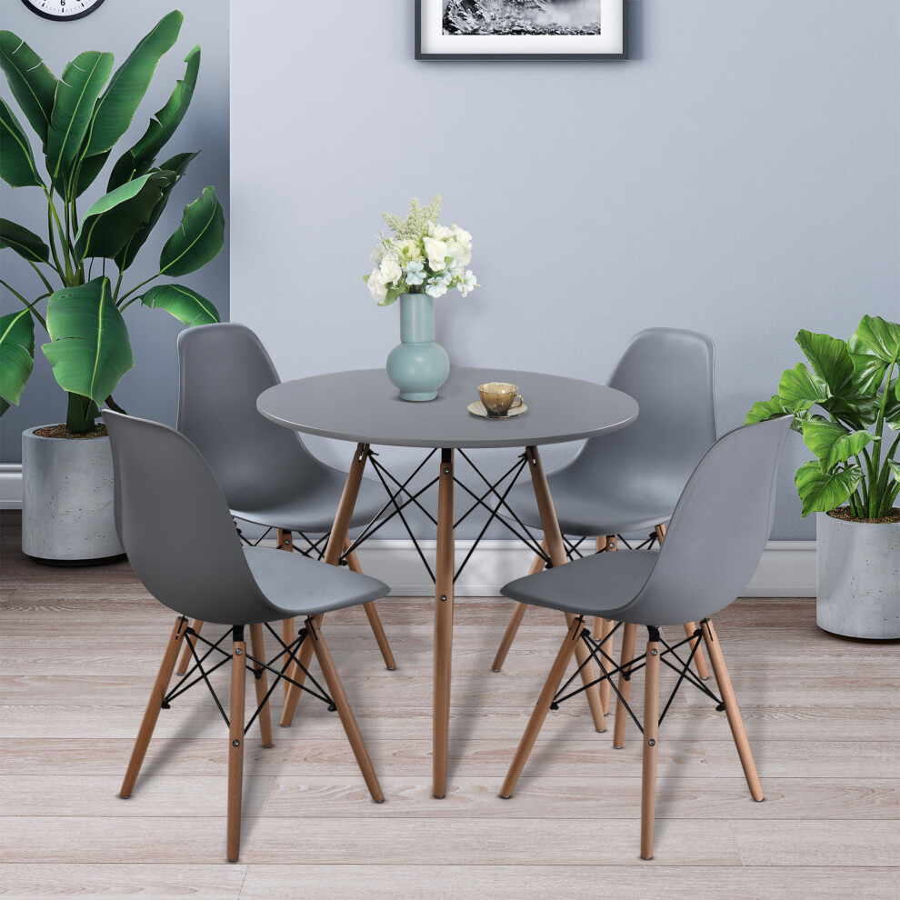 (Grey Table + 4 Grey Chairs) 80cm Round Side Coffee Table & 4 Chairs Beech Legs