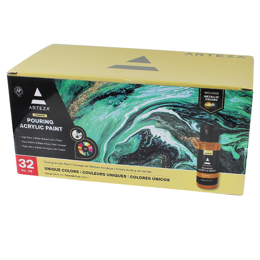 Arteza Premium 32 Pouring Acrylic Paints Art Supplies Assorted Coloured Metallic