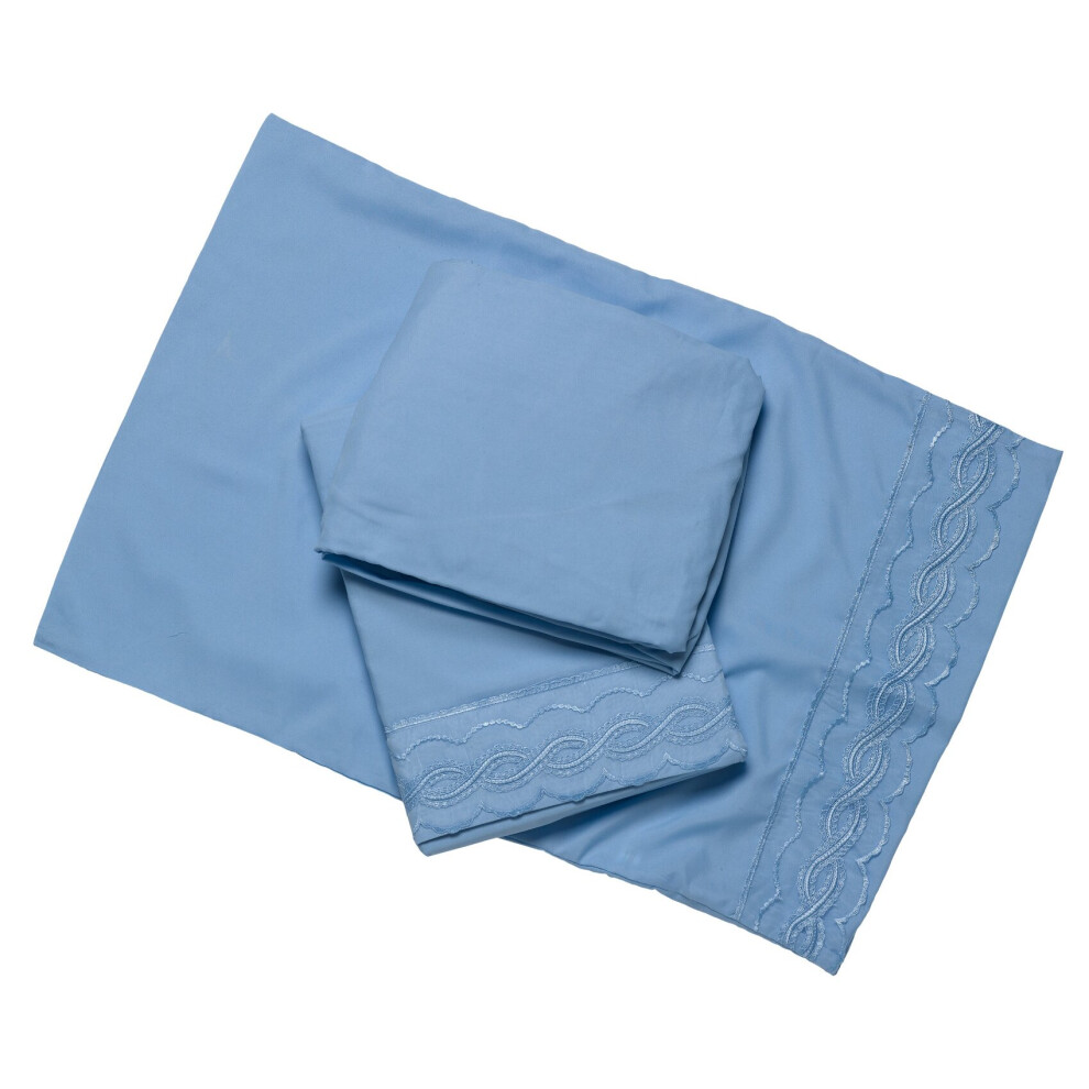 (Blue, Single) Embroidered Fitted Flat Sheet & Pillow Case Microfibre Polyester Set