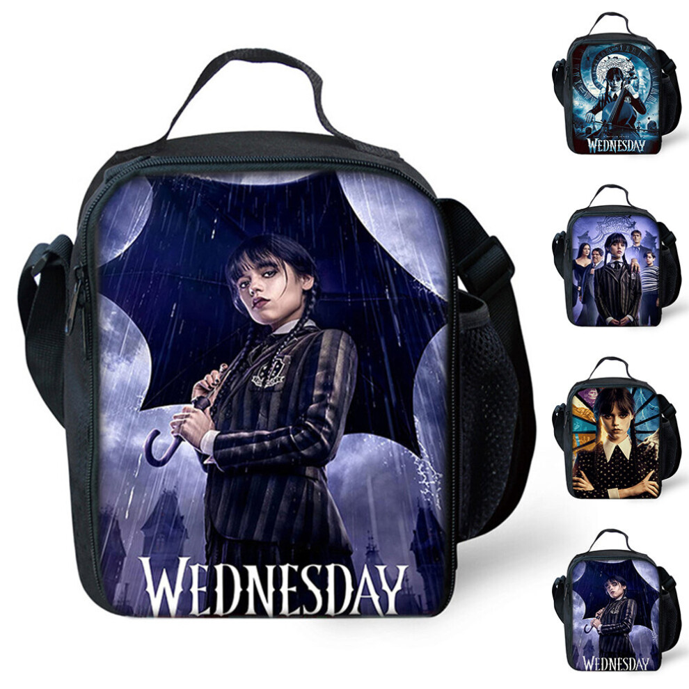 (A) Wednesday The Addams Family Kids Thermal Insulation Lunch Shoulder Bag Office School Picnic Food Storage Box Portable Tote