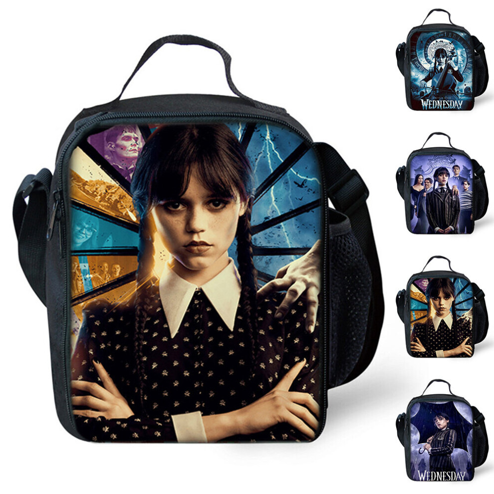 (D) Wednesday The Addams Family Kids Thermal Insulation Lunch Shoulder Bag Office School Picnic Food Storage Box Portable Tote