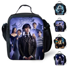 (C) Wednesday The Addams Family Kids Thermal Insulation Lunch Shoulder Bag Office School Picnic Food Storage Box Portable Tote