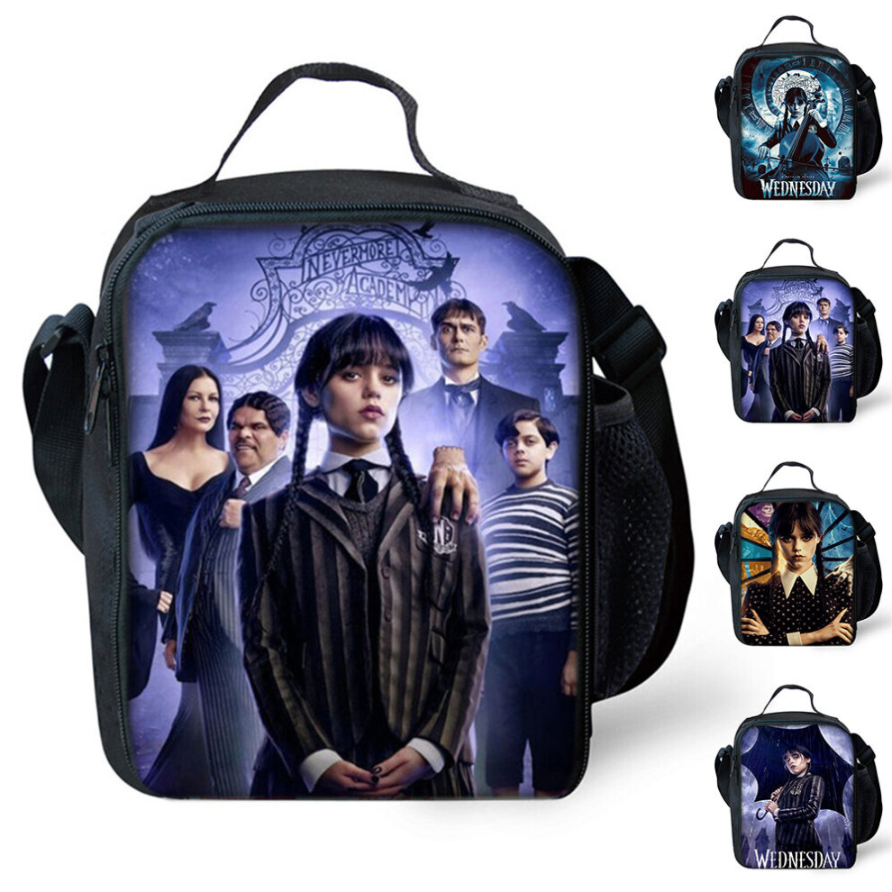 (C) Wednesday The Addams Family Kids Thermal Insulation Lunch Shoulder Bag Office School Picnic Food Storage Box Portable Tote
