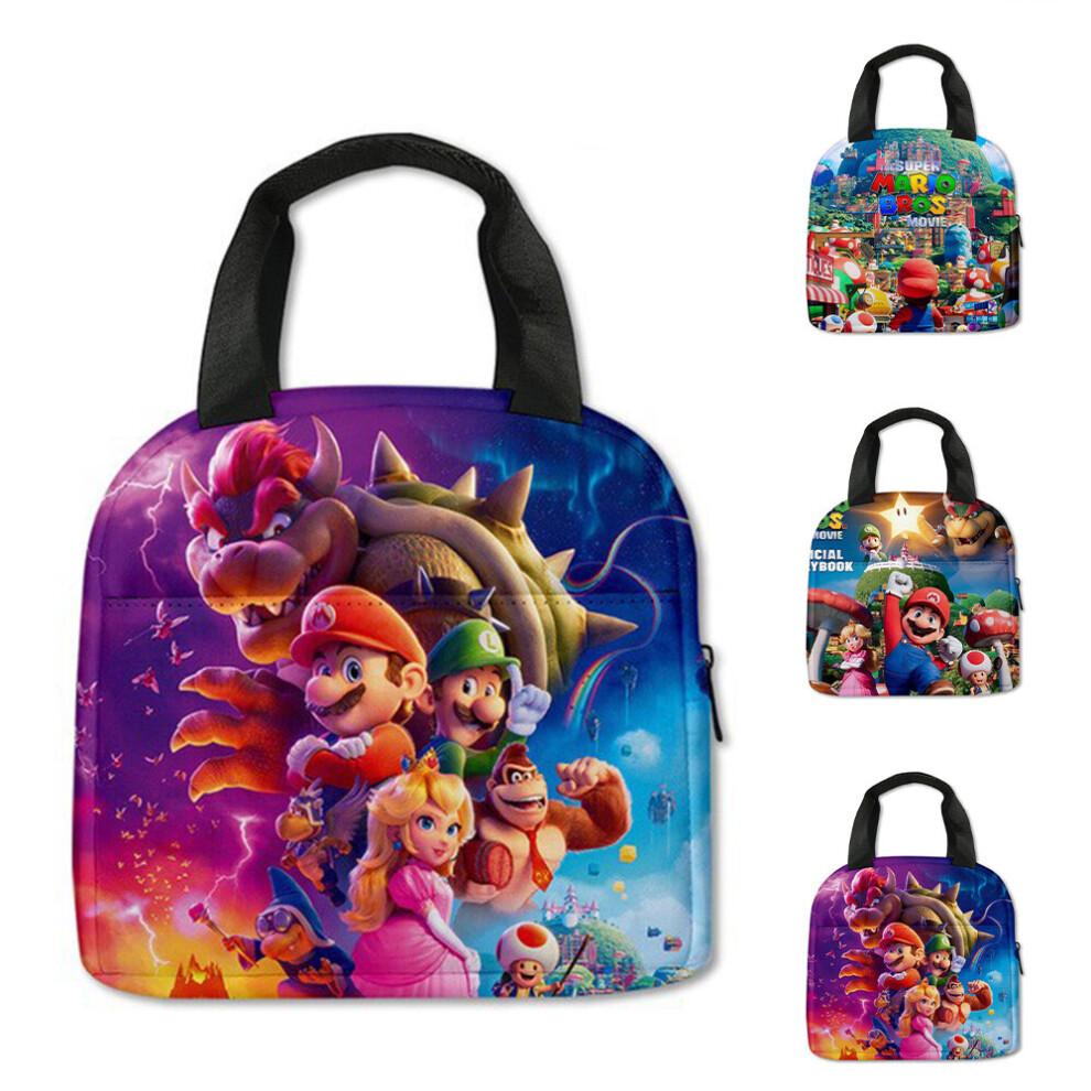(A) Super Mario Bros Movie Kids Thermal Insulation Lunch Box Bag Office School Handbag Picnic Portable Tote
