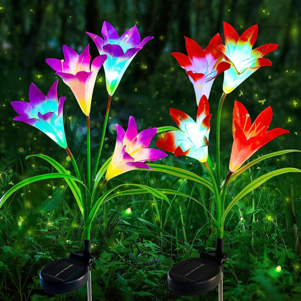 Outdoor Waterproof Solar Light with 8 Lilies, 7 Color Changing LED Solar Lights (Purple and Red)