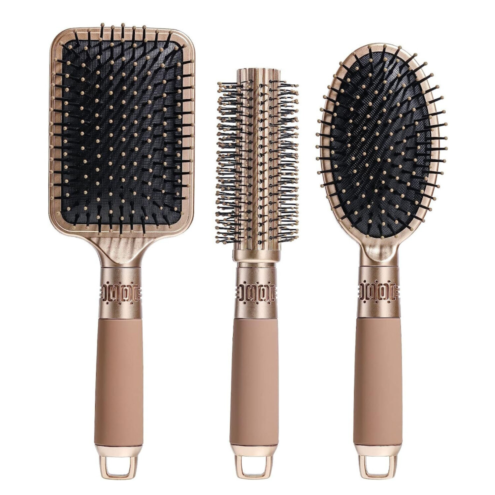 Hairbrush Set with Detangle Nylon Pin Massage Paddle Brush Pad Hair Comb (Golden)