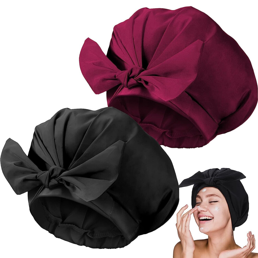 Gopatriot Memory 2 Pack Shower Caps Adjustable Bow Shower Caps Reusable (Wine Red, Black)