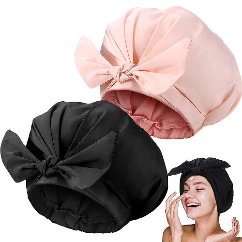 2 Pack Shower Caps Adjustable Bow Shower Caps Reusable (Pink, Black)