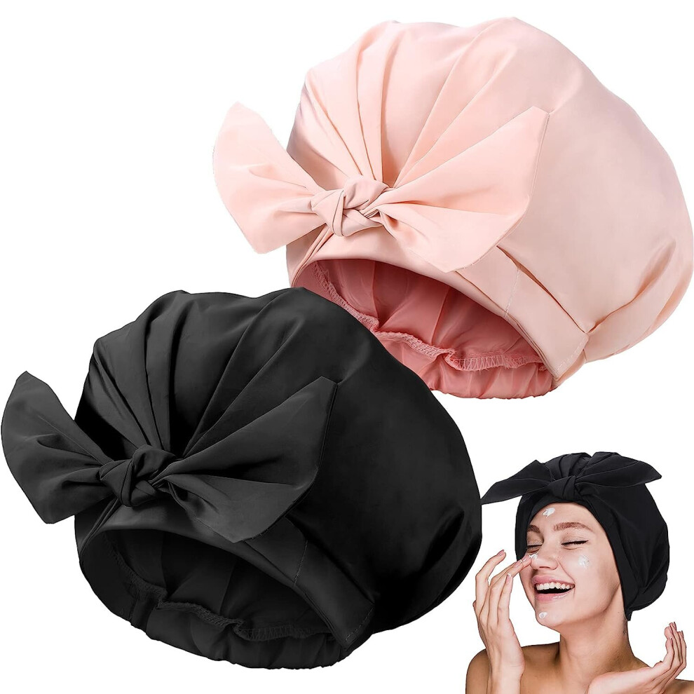 2 Pack Shower Caps Adjustable Bow Shower Caps Reusable (Pink, Black)