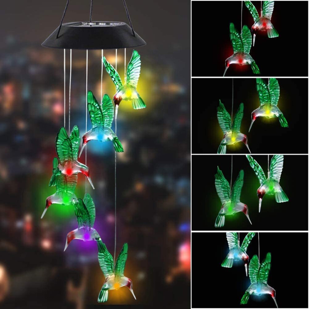 Gopatriot Memory 2 Pack Solar Hummingbird Wind Chimes, Color Changing Moving Led Solar Garden Lights