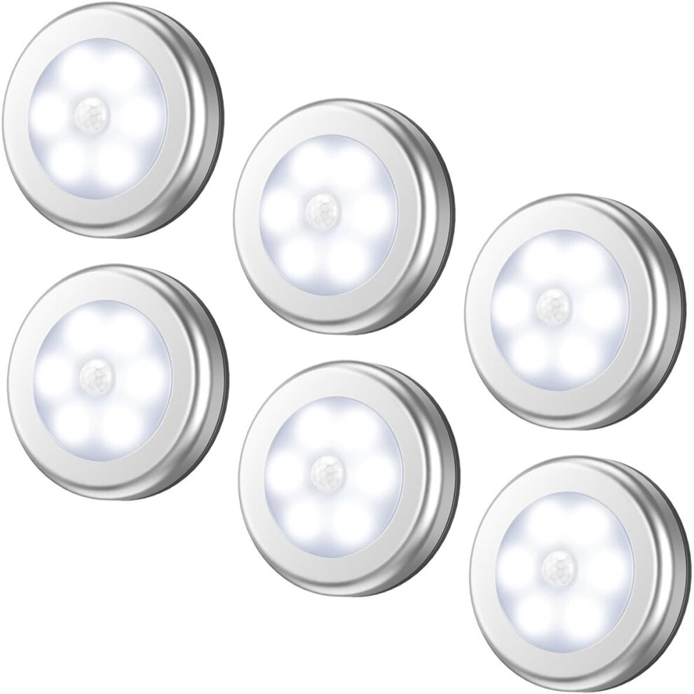Motion Sensor Light, Cordless Battery Operated LED Night Light (Silver - White Light - 6 Pack)