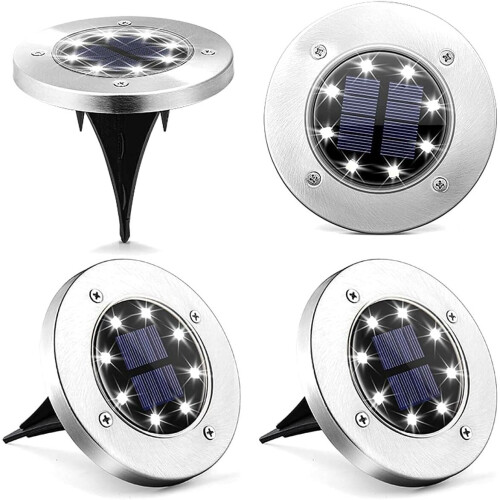 Solar Ground Lights 4-Pack, 8 LED Solar Powered Disc Lights (White) 1