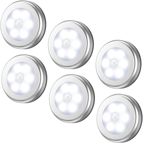 Motion Sensor Light, Cordless Battery Operated LED Night Light (Silver - White Light - 6 Pack) 1