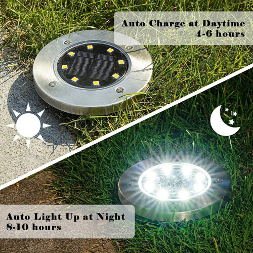 Solar Ground Lights 4-Pack, 8 LED Solar Powered Disc Lights (White) 2