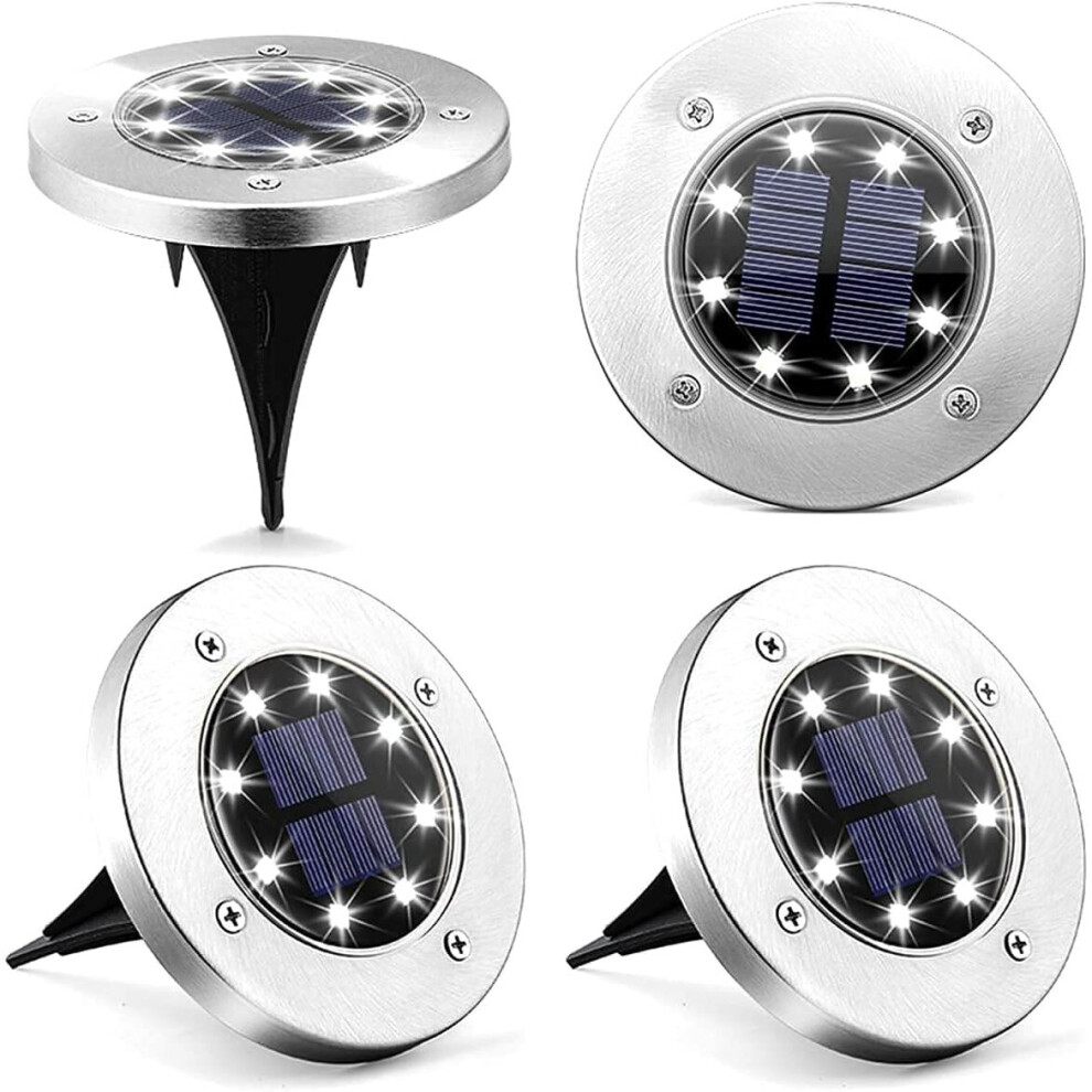 Solar Ground Lights 4-Pack, 8 LED Solar Powered Disc Lights (White)