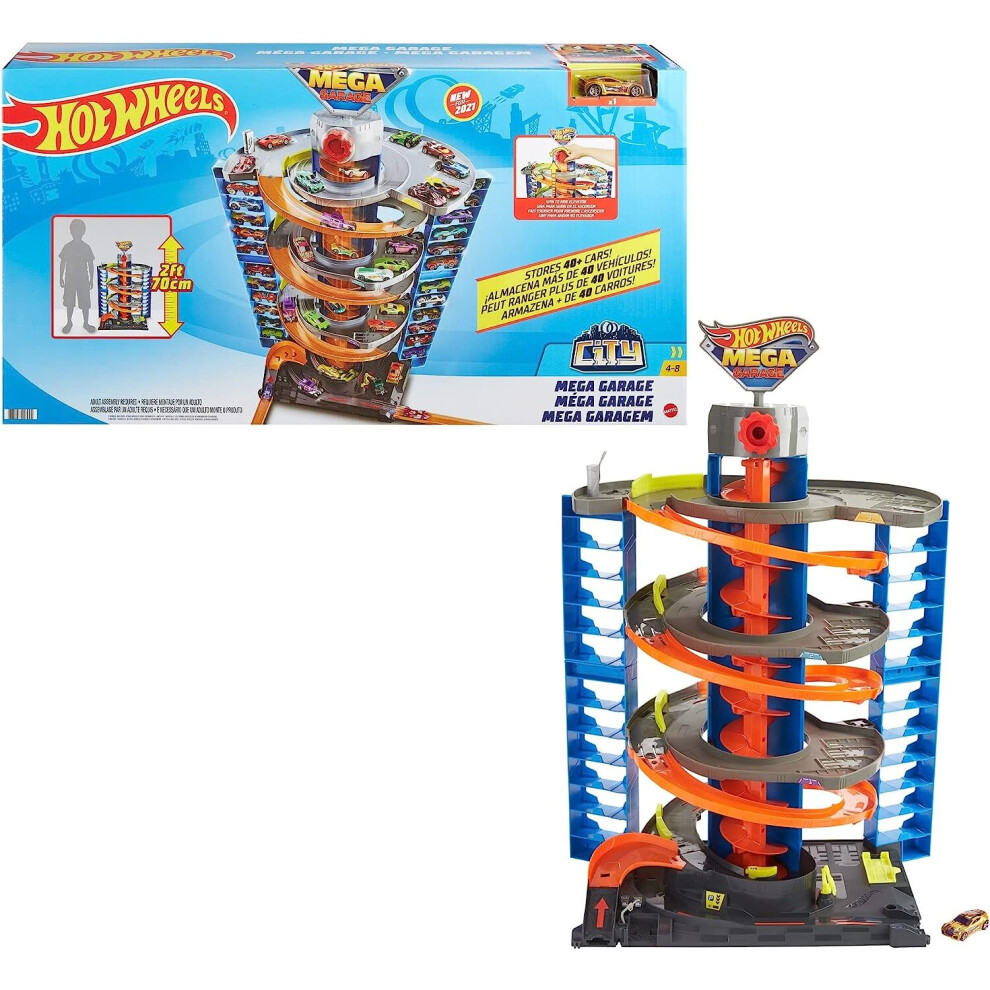 \u200BHot Wheels City Mega Garage Playset with Corkscrew Elevator & Storage for 60+ Cars, Includes 1 Hot Wheels 1 64 Scale Vehicle