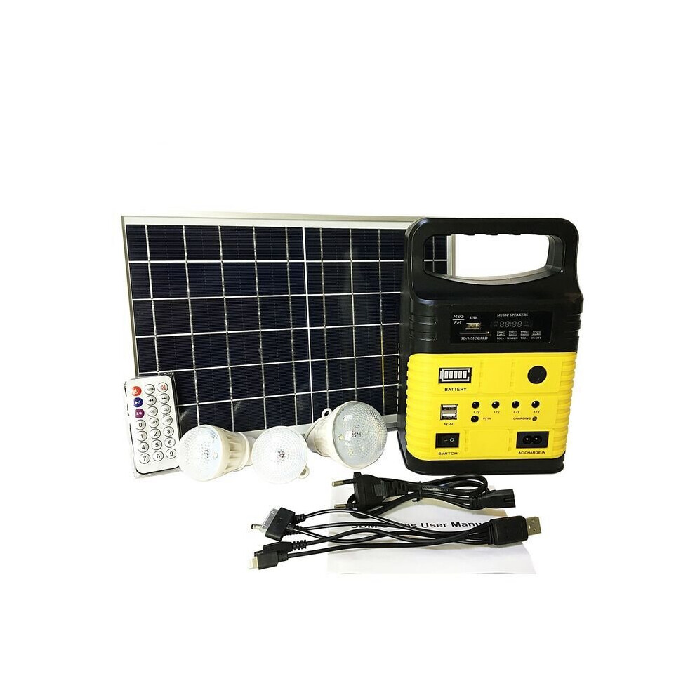 (YELLOW) Mini portable solar generator, outdoor camping power supply, DC10W, solar panel charging, LED lighting system kit, remote control, FM radio