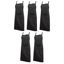 (Black, Pack of 5) Woven Stripe Cotton Butchers Kitchen Apron with Pocket