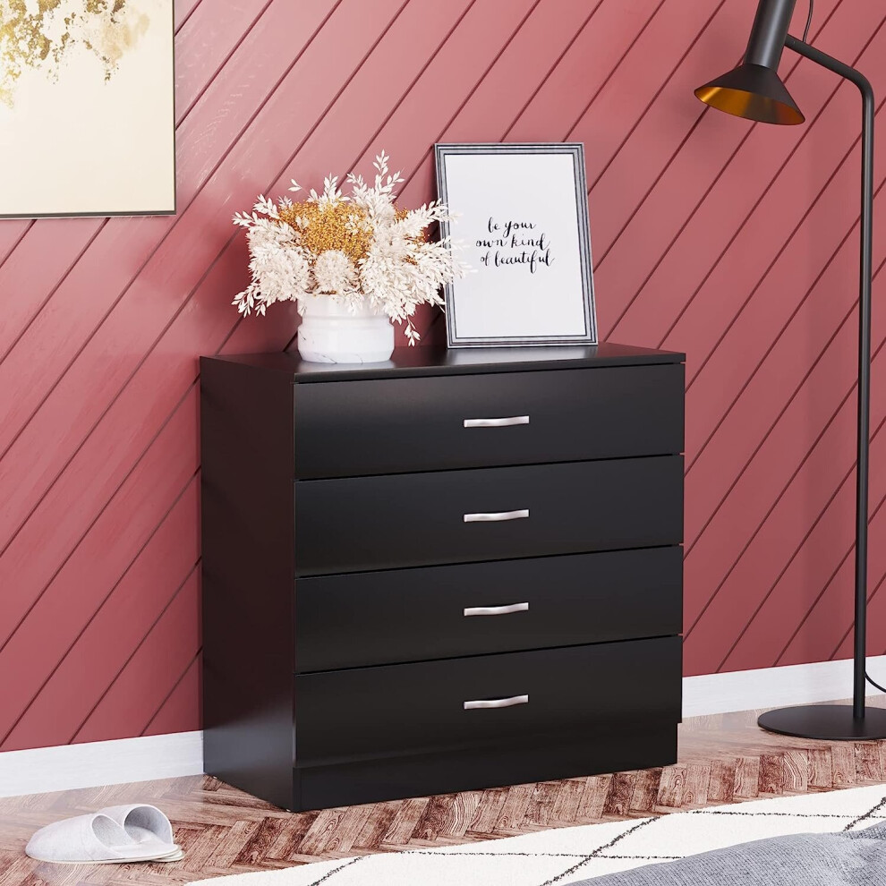 (Black) Chest of Drawers 4 Drawer With Metal Handle Runner