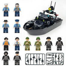 (C) DIY large Gunboat guard boat police boat with military building block Minifigures toy