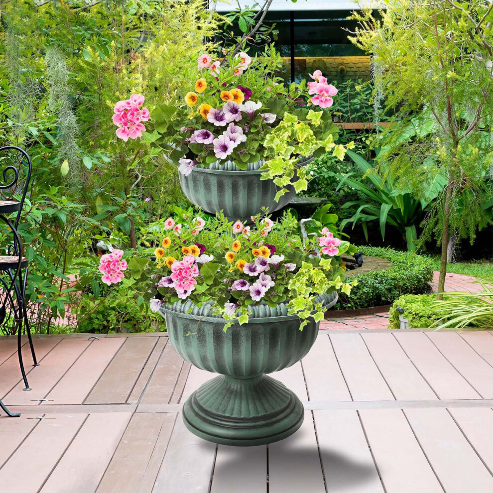 (2 Tier Planter) 2 Tier Large Planter Flowers Solar LED Plants Antique Effect Outdoor Indoor Gard