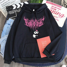 (Black, L) Kawaii Kuromi Hoodie Grunge Gothic Punk Cartoon Print Loose Harajuku Tops