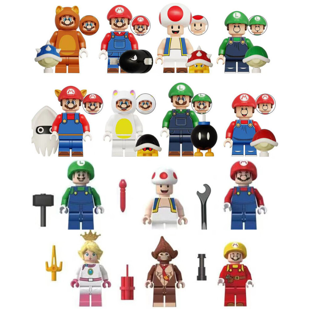 (Style C 14pcs) 14Super Mario Luigi Peach Princess Mushroom Mini Figures Building Blocks Characters Fits Lego Kids Best Gift