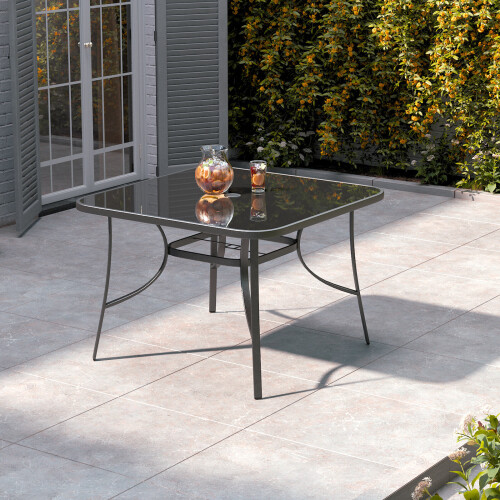 Living And Home 105CM Square Tempered Glass Garden Dining Table w/ Parasol Hole
