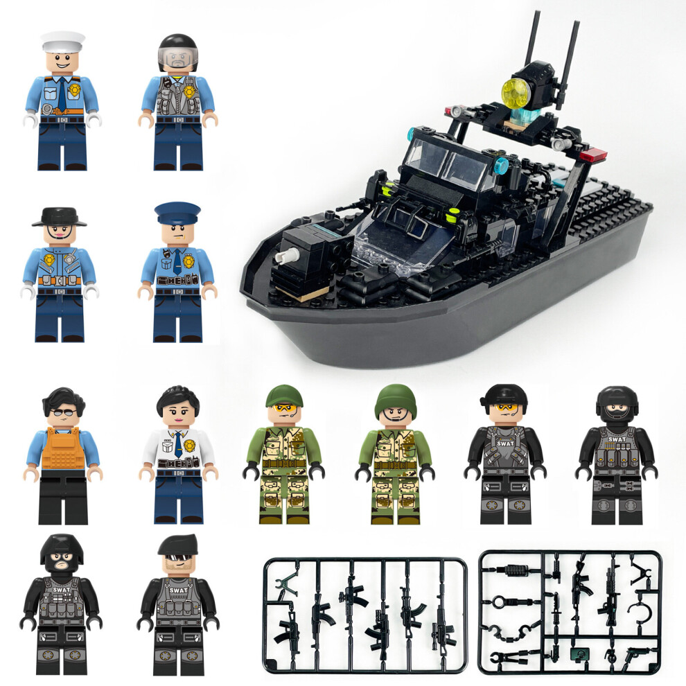 (C) DIY large Gunboat Guard Boat Police  Boat with Military Building Block Minifigures Toy