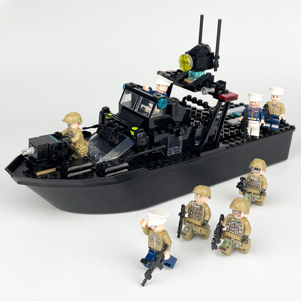 (B) DIY large Gunboat Guard Boat Police  Boat with Military Building Block Minifigures Toy