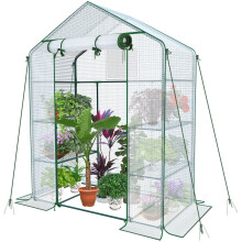 VOUNOT Walk In Greenhouse with Shelves, Roll up Zip Panel Door Garden Plastic Polytunnels Grow House, White 143x73x195cm