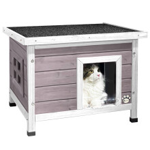 VOUNOT Cat House with Kennel Door Wooden Shelter Outdoor 57x45x43cm, Grey