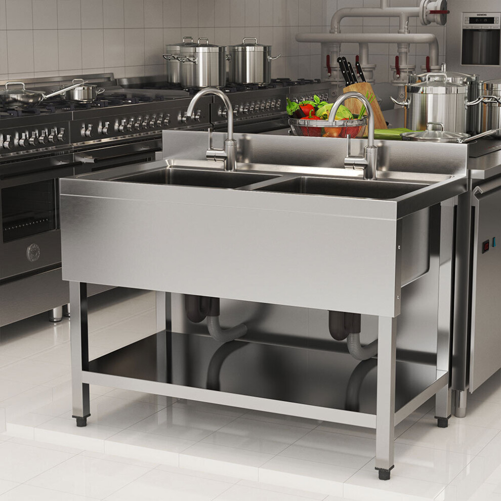 Stainless Steel Two Compartment Commercial Sink with Shelf