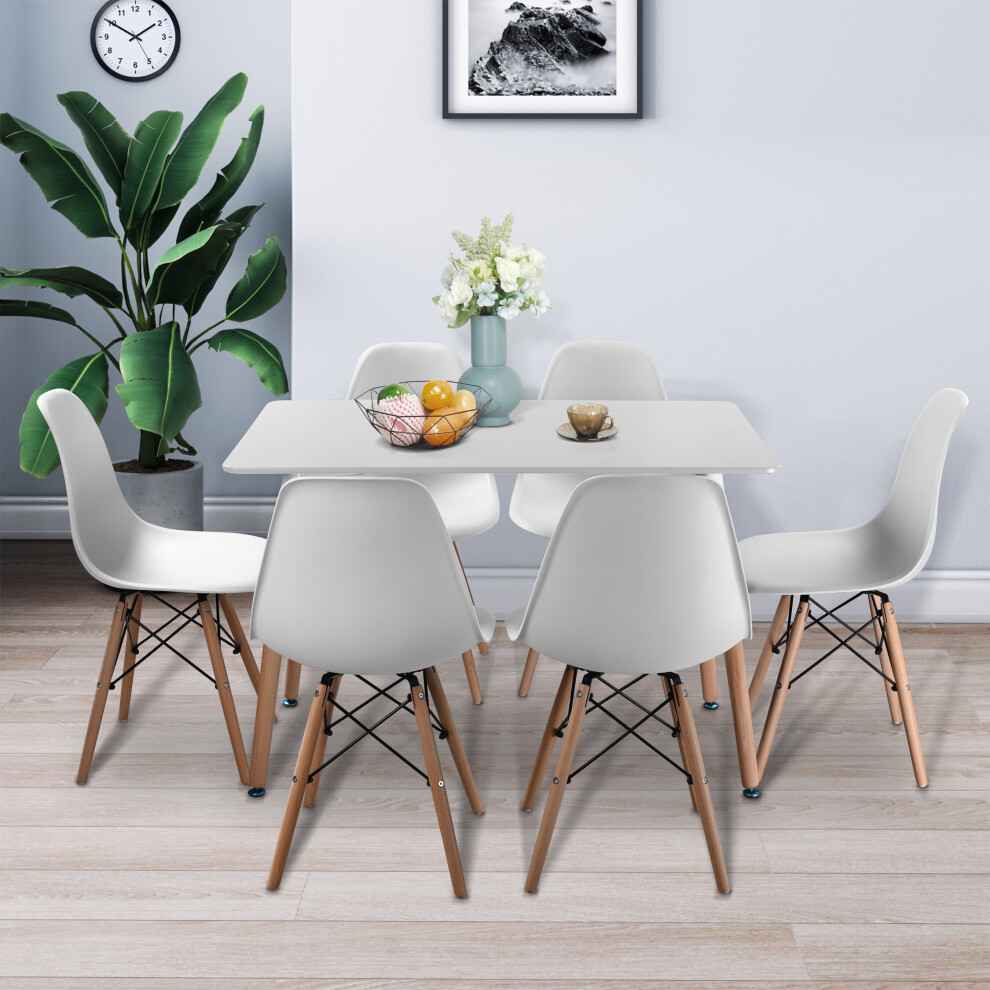 (White Table & 6 White Chairs) 1.1m Rectangle Scandi Style Kitchen Table 6 Chairs