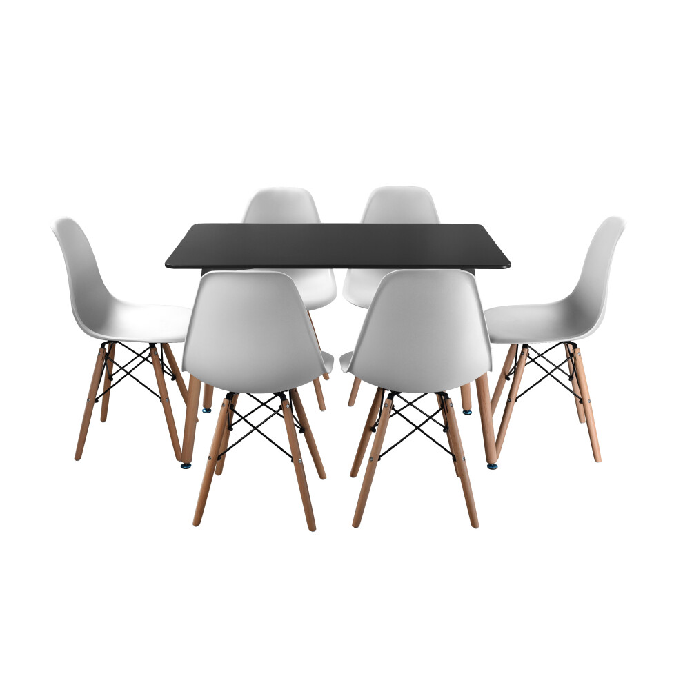 (Black Table & 6 White Chairs) 1.1m Rectangle Scandi Style Kitchen Table 6 Chairs