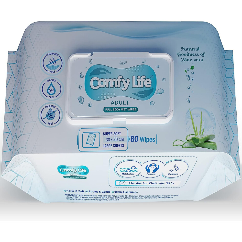 Comfy Life Premium Full Body Cleansing Wet Wipes For Adults LargeRinse-free Fragrance-free Bed Bath Intimate-care Soft Sheets 1 Pack (80 Wipes)