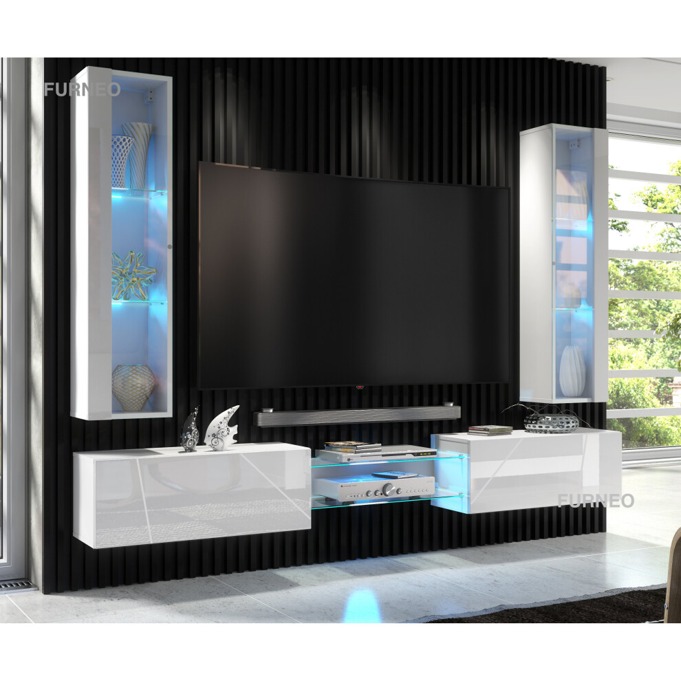 (Blue LED Lights) Furneo White Floating TV Unit High Gloss Matt Living Room Set Display Cabinets Art01/02 LED Lights