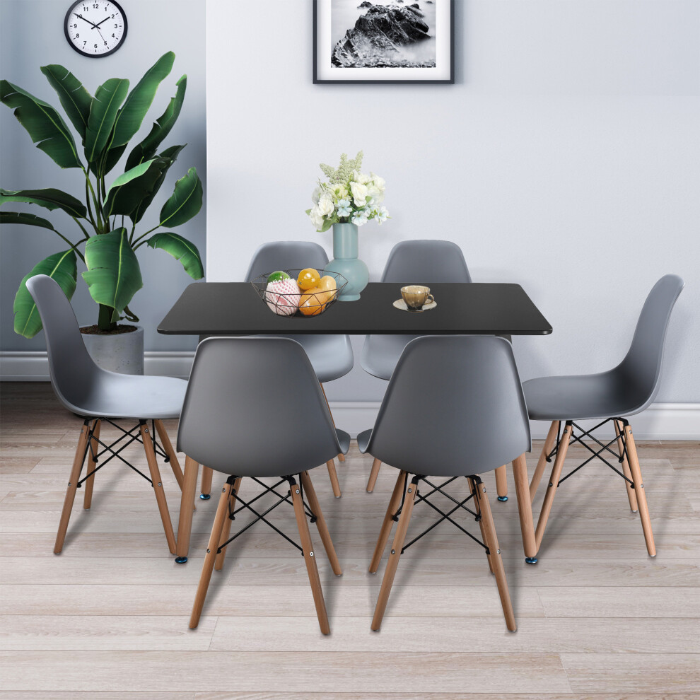 (Black Table & 6 Grey Chairs) 1.1m Rectangle Scandi Style Kitchen Table 6 Chairs