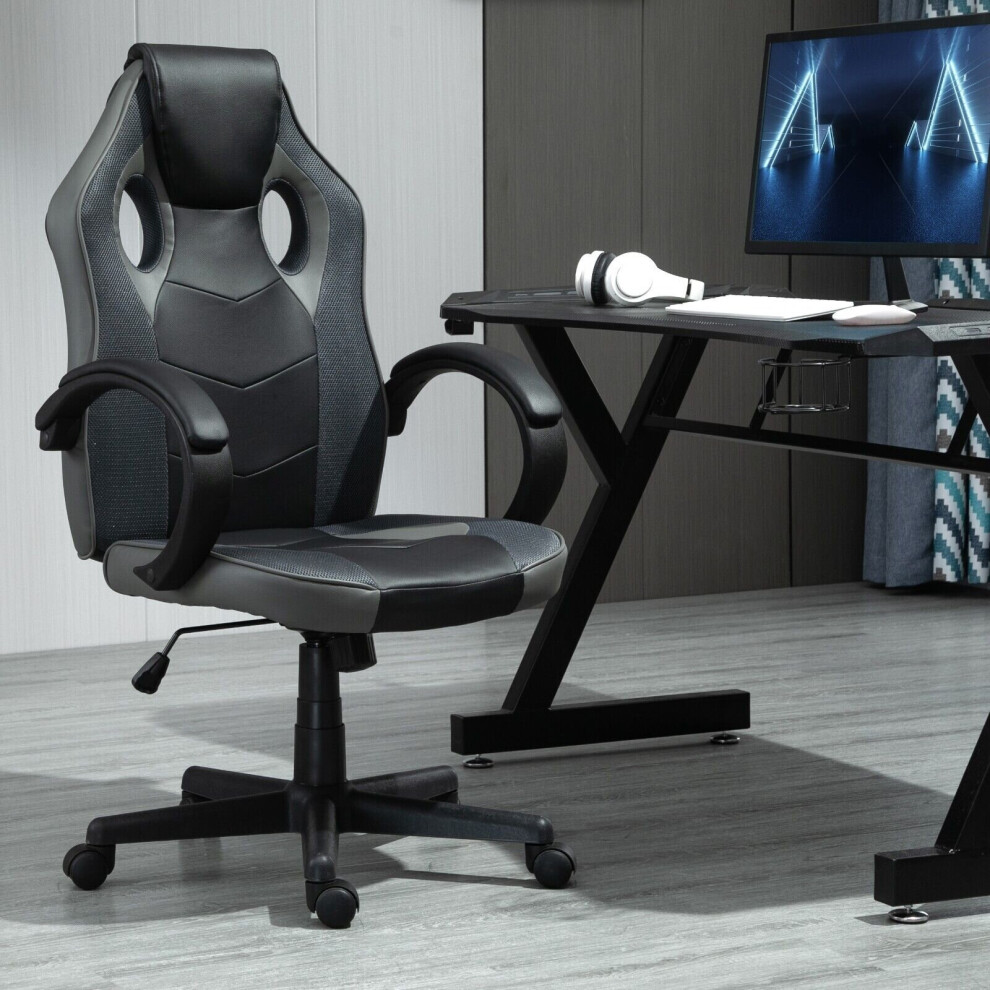 (GREY) Swivel Gaming Chair Faux Leather Office Sports B