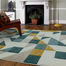 (Small 80X150cm) Sketch Rhombus Geometric Rugs in SK03 Green Gold Multi