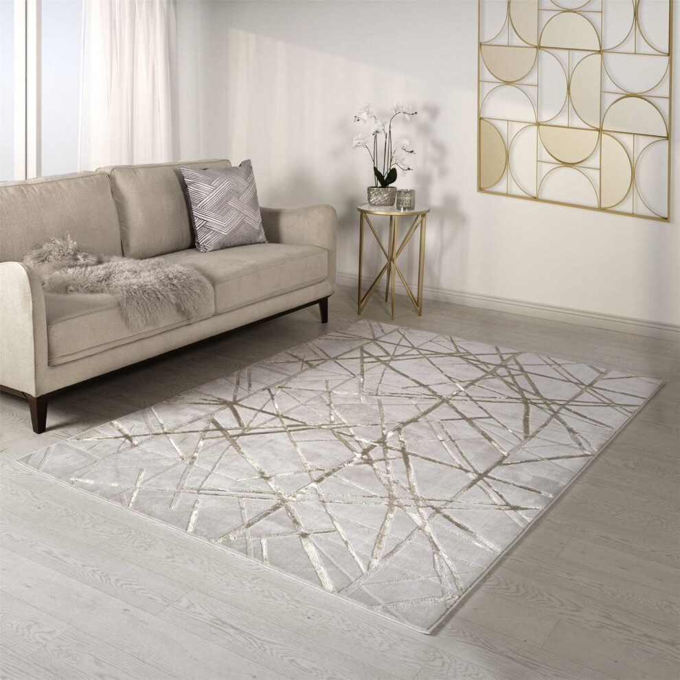 (Medium 120x170cm) Aurora Mica AU13 Geometric Rugs in Metallic Beige Gold