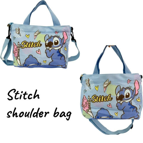 Stitch Blue Cartoon Canvas Crossbody Bag - Adjustable Strap, Durable Compact Tote for Girls