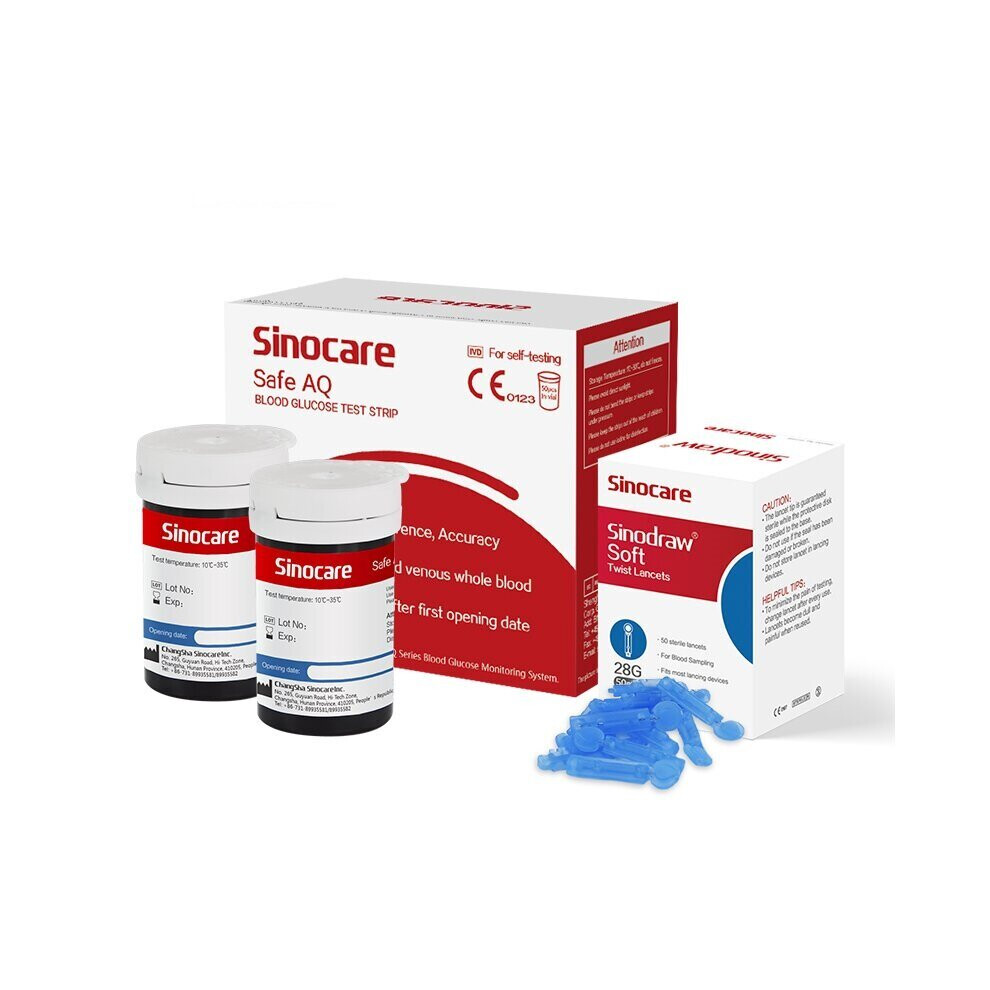 (Sinocare AQ Strips & Lancets x 50Pcs) Sinocare Safe AQ Blood Glucose 50Pcs/100Pcs Test Strips Kit