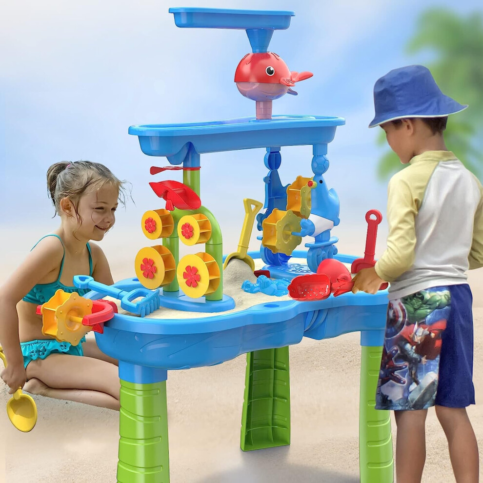 Toddler Water Table Kids Sand Water Table 3 Tier Outdoor Water Play Table Toys for Toddlers Kids Water Sensory Tables Summer Beach