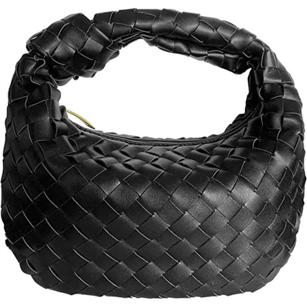 (Black) Women Soft PU Leather Woven Handbag Retro Tote Bag