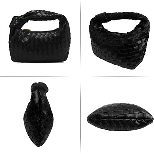 (Black) Women Knotted Woven Handbag PU Leather Dumpling Bags 1