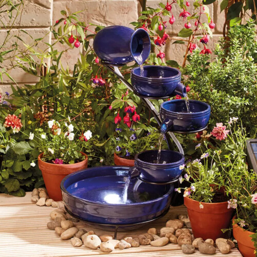 Ceramic Cascade Solar Water Feature Trickling Garden Fountain Blue on OnBuy