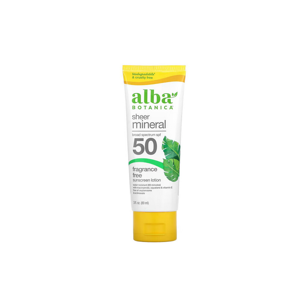 Alba Botanica, Sheer Mineral Sunscreen Lotion, SPF 50, Fragrance Free, 89 ml