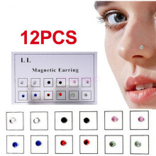 12PC Steel Magnetic Crystal Fake Ear Stud Nose Ring Non-Piercing 3mm